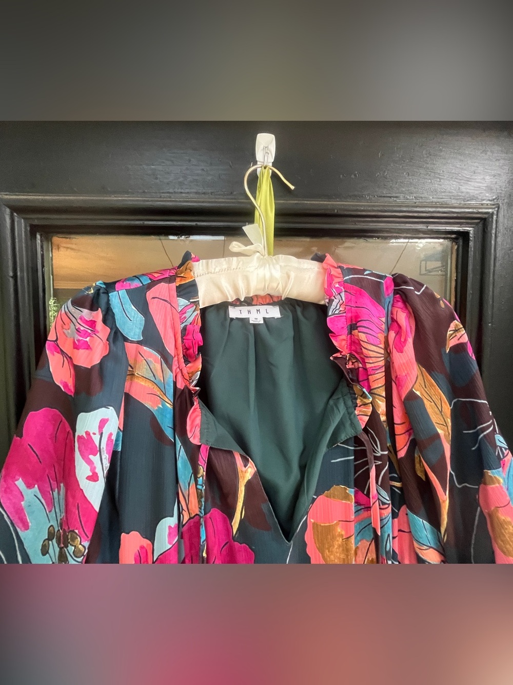 TMHL Floral Ruffle Neck Blouse - Multi Pink & Teal